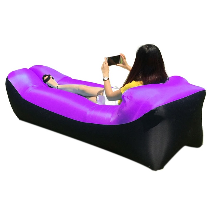 Saltea camping, Sofa gonflabila, Oxford, mov, 180x88cm, cu perna si geanta de transport