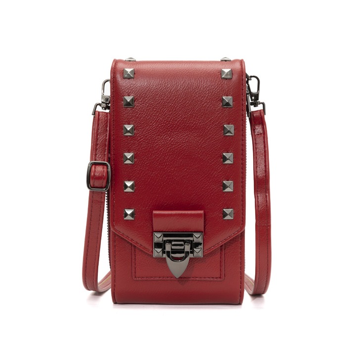 Mobiltelefon táska, Jormftte, piros, PU bőr, levehető pánttal, szegecsekkel díszítve