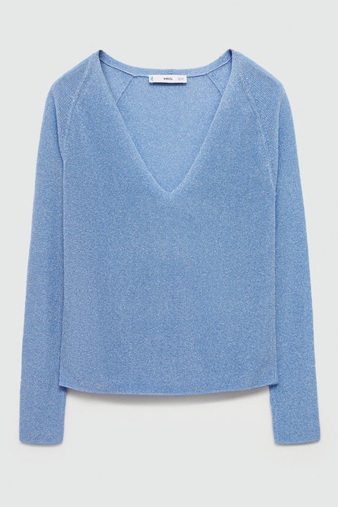 Mango, Pulover tricotat fin cu decolteu in V Kling, Albastru lavanda, L
