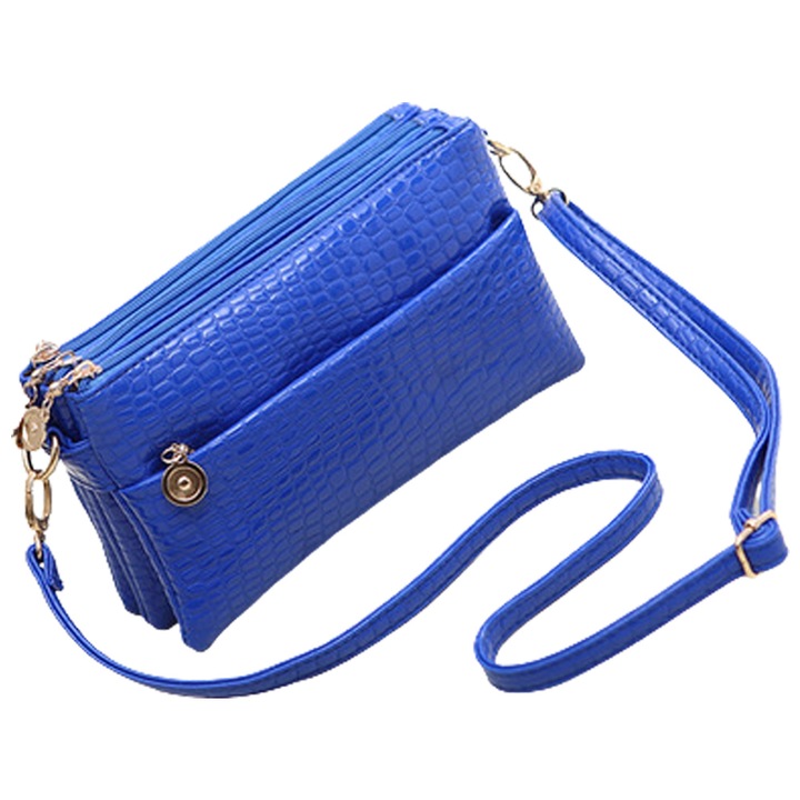 Női válltáska, többrétegű cipzárral, zafírkék, állítható