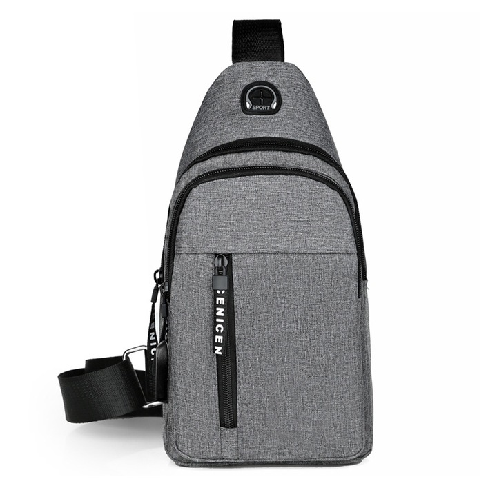 Többfunkciós mellkas táska, váll/crossbody, több rekeszes, szürke, 18x36 hüvelyk