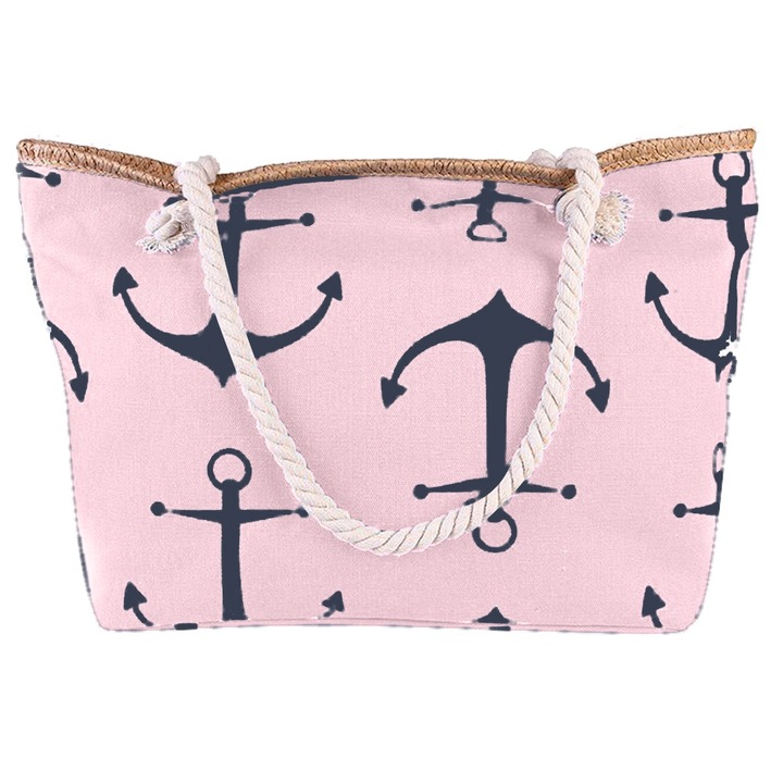 Nagyméretű strandtáska, horgonyos, pamut, sötétkék-fehér, 56x33x18cm