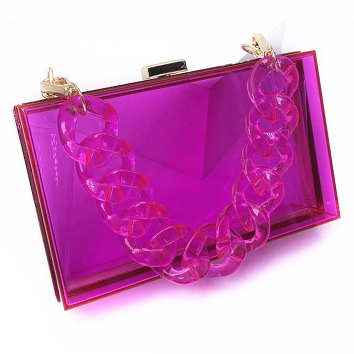 Estélyi táska, alkalmi, lila átlátszó, láncos, pénztárca stílusú, többfunkciós