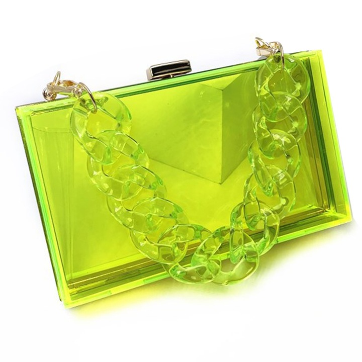Kézitáska, pénztárca funkció, átlátszó akril, sárga, láncos pánt