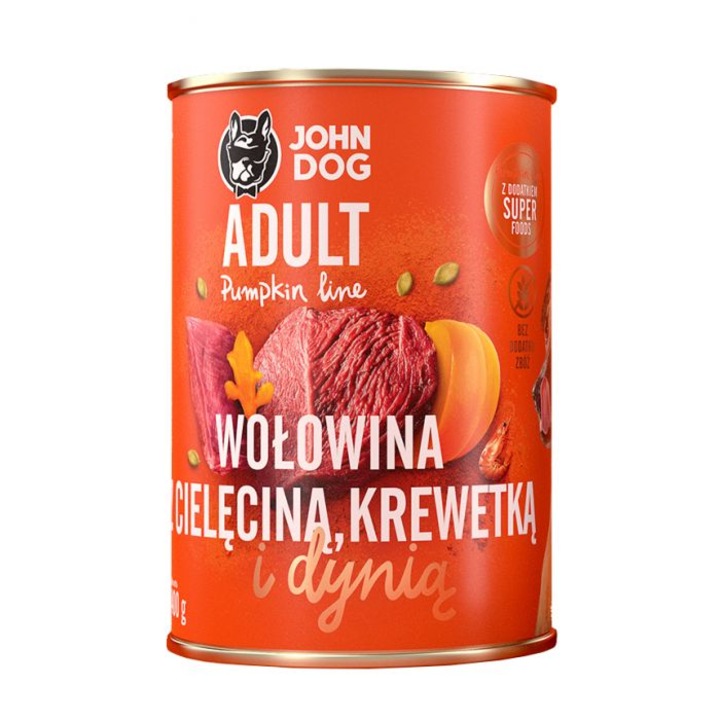 Hrana pentru caini John Dog, bivol, vitel, creveti, dovleac, 400g