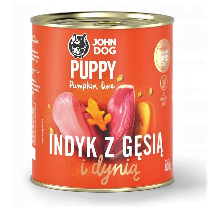 Hrana umeda pentru catei John Dog, curcan si gasca cu dovleac, 100% naturala, 800g