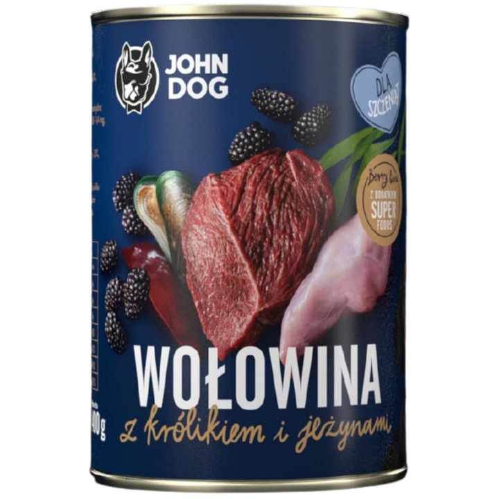 Hrana umeda pentru catei John Dog Junior, vita si iepure cu jezine, 400g