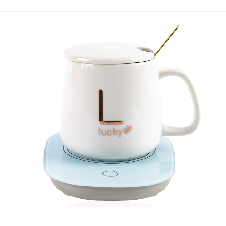 Kerámia bögre készlet, fűtéssel, USB, arany Lucky írás, 350 ml, fehér, RoveRim