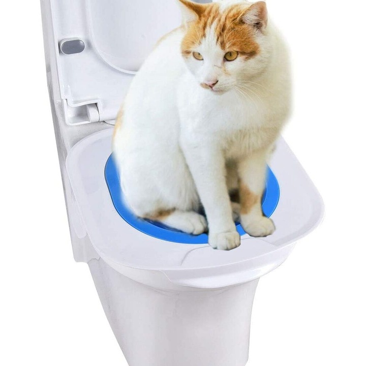 Macska WC-tréner szett, longziming, műanyag, kék és fehér, 38x39x3cm