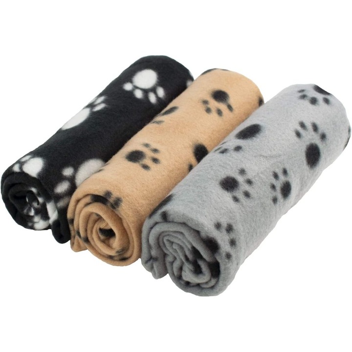 Set 3 paturi pentru animale HERUSI, fleece, khaki-negru-gri, 100x70cm