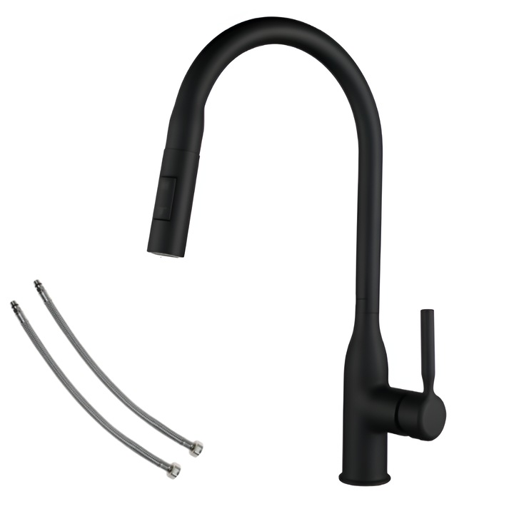 Baterie Chiuveta Bucatarie BiXXBi Kitchen Pro, Extractibil 60cm, Cap si Corp Rotativ 360, Cartus Ceramic, 2 Moduri Iesire Apa, Alama Premium, Aerator Profesional, Monocomanda, 1278 g, Accesorii Montaj, Negru
