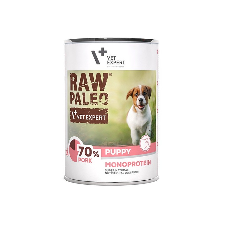 Hrana pentru caini VET EXPERT Raw Paleo Puppy, monoproteica, porc, fara cereale, 400g