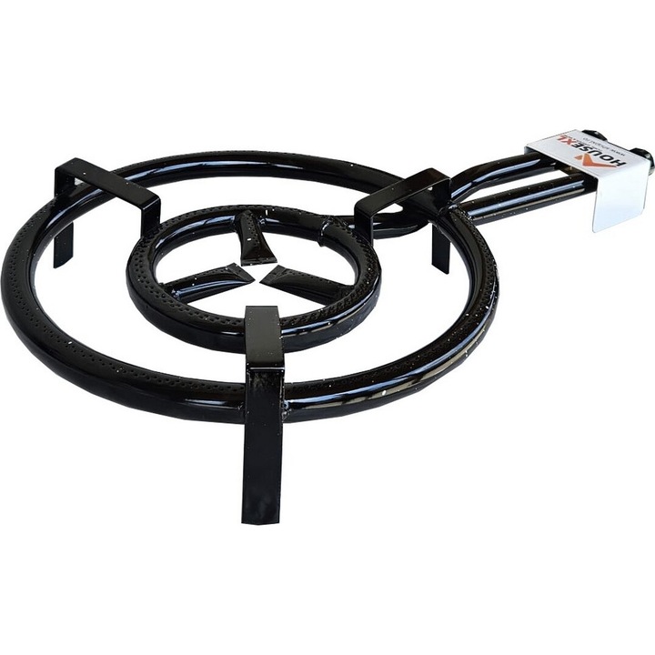 Arzator profesional din aliaj HouseXL® Pallero, Pentru restaurante, plite si cazane de tuica, Cu 2 arzatoare, GPL, Putere max 13.9 kw, Diametru 40 cm, Pirostrie, Negru
