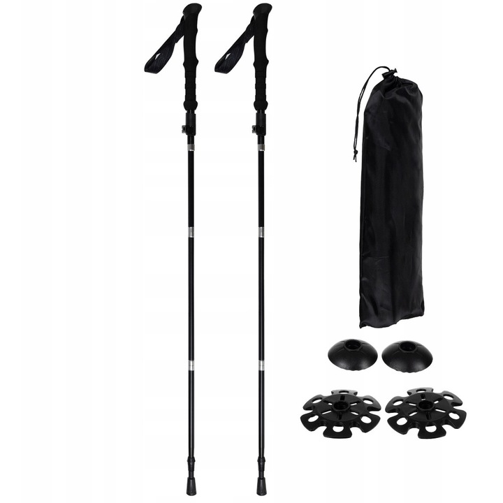 Комплект трекинг щеки и аксесоари, Zola®, регулируема дължина 110 - 130 см, алуминиева сплав, ергономична дръжка, черна