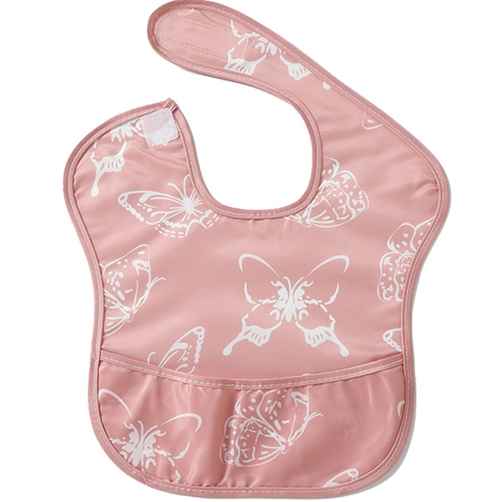 Baveta impermeabila pentru bebelusi, Butterfly, usoara, cu buzunare anti-picurare, roz/alb