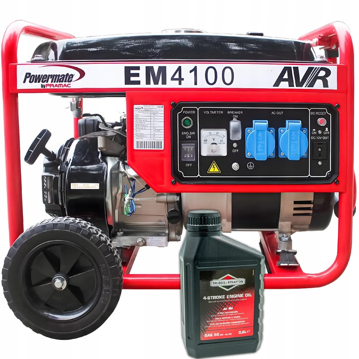 Generator monofazat Pramac, EM4100, 3500 W, AVR, 230V, rezervor benzina 15 L, cu ulei de motor, rosu
