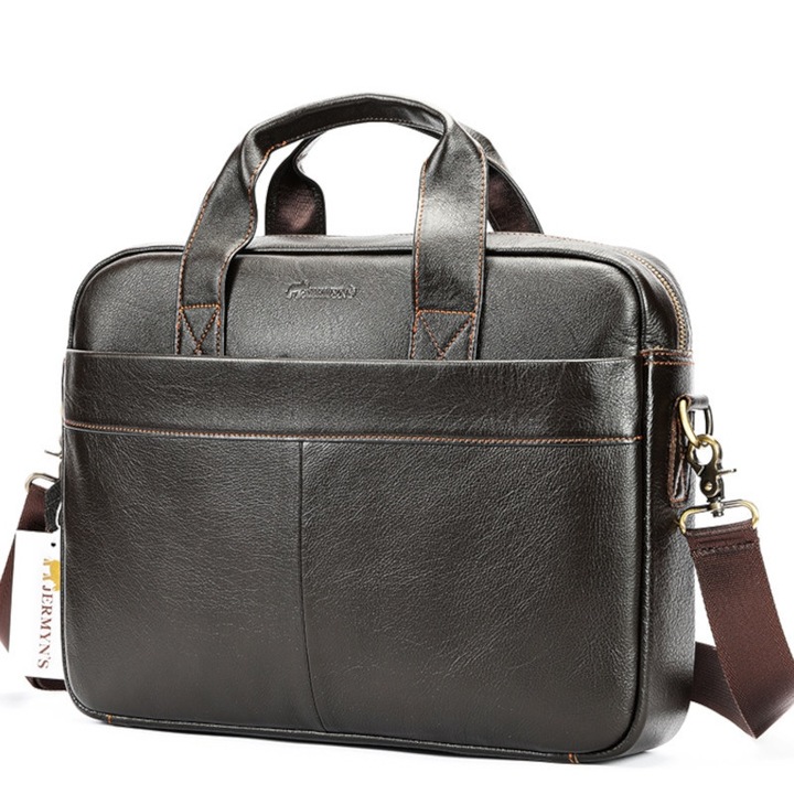 Geanta laptop, piele naturala, 15.6", JERMYN'S Preston, maro inchis