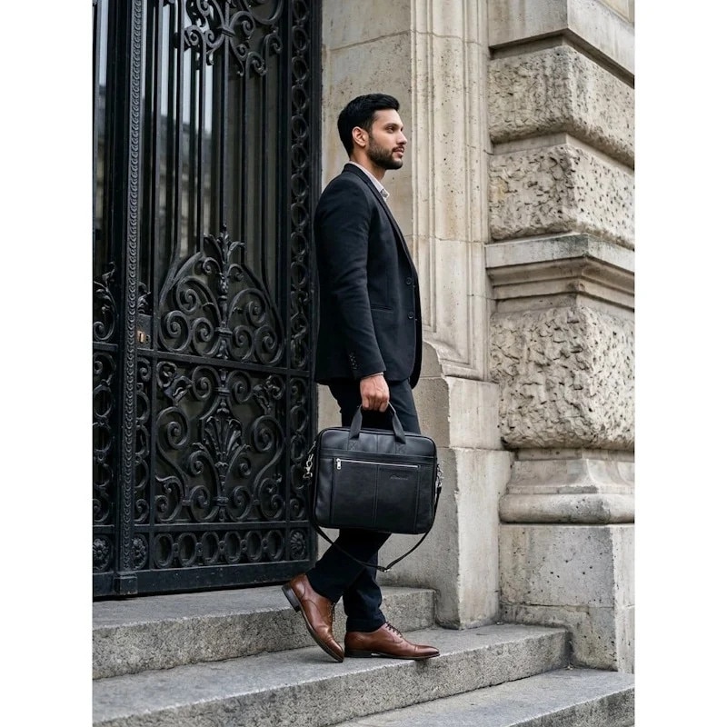 Geanta laptop, piele naturala, 17", JERMYN'S Houston, neagra
