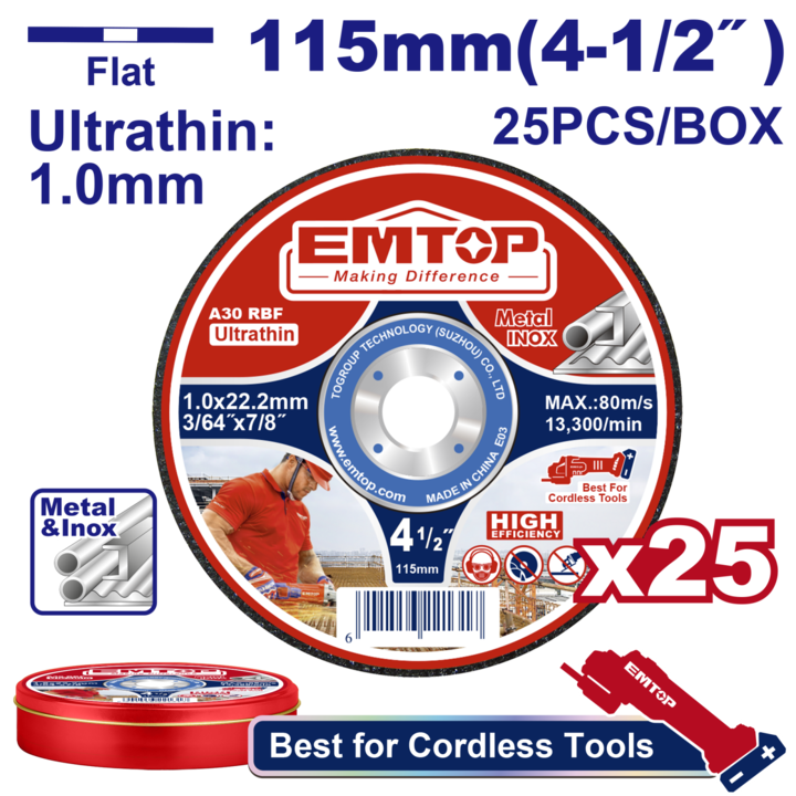Set de 25 Discuri Ultrasubtiri EMTOP EACD11011525, 115mm x 1.0mm, pentru Polizor Unghiular, Ideal pentru Taiat Metal si Inox