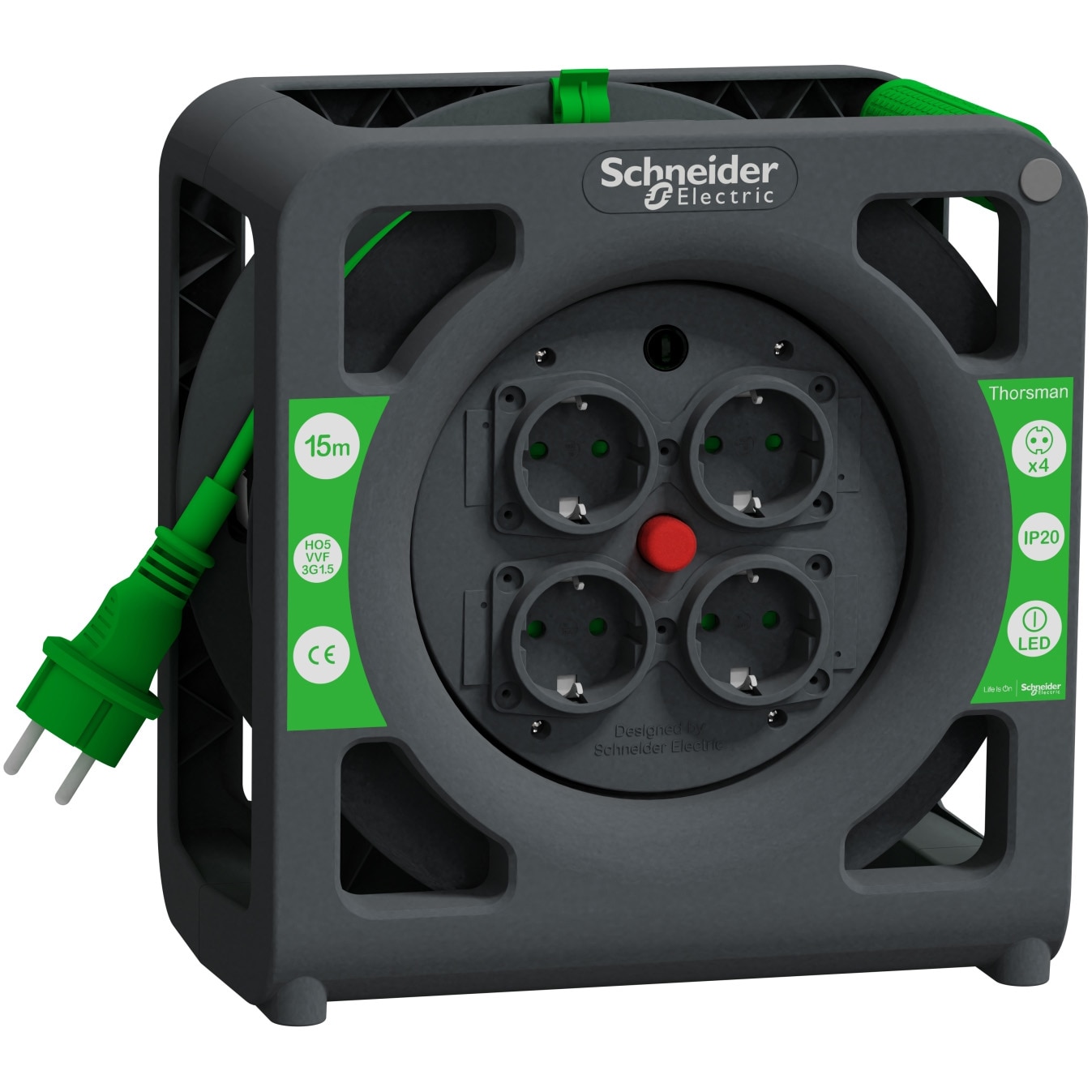 Prelungitor cablu cu tambur Schneider Electric Thorsman IMT33137, 15m, compact, 4 prize, IP44, 13A, 1.5mm, H05VV-F3G1.5, verde/negru