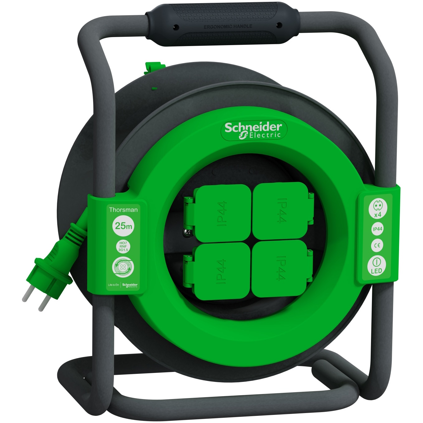 Prelungitor cablu cu tambur Schneider Electric Thorsman IMT33147, 25m, profesional, 4 prize, IP44, 13A, 1.5 mm, H07RN-F3G1.6, verde/negru