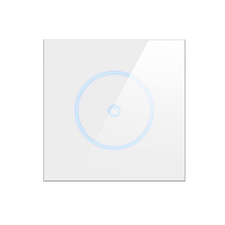 Intrerupator Inteligent Tuya WIFI Konzmann – Cu NUL, Panou din Sticla, 1 Circuit de Lumina, Senzor Tactil, Bluetooth, Control Vocal, Indicator Luminos Albastru, Siguranta Sporita, Programare Inteligenta, Alb