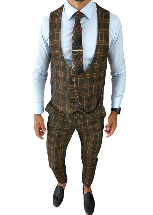 Compleu pentru barbati casual, pantaloni cu vesta in carouri, B4205, Kaki