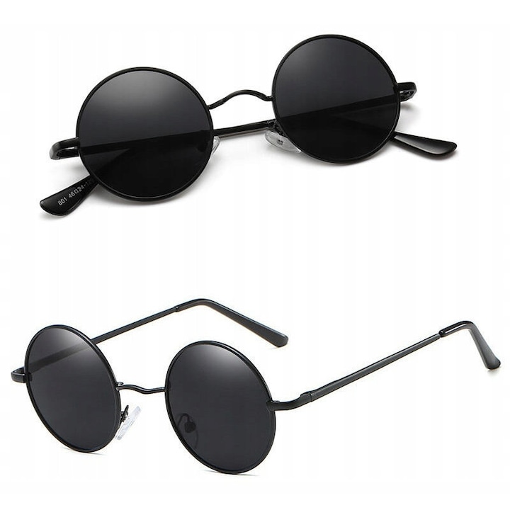 Ochelari de soare negri tip Lennon pe brate telescopice, unisex, protectie UV400