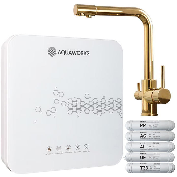 Filtru de apa, AquaWorks™ Complete, include baterie cu 3 cai, 5 stadii de filtrare cu 0.01 microni, alcalinizare, carbune activ si membrana ultrafiltrare, elimina impuritatile, clorul si bacteriile, pH 7,5 - 8, montare sub chiuveta, Baterie aurie