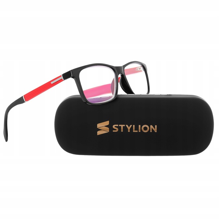 Ochelari de vedere Stylion, unisex, corectie +1-+3.5, antireflex, negru cu rosu, 54x16x135mm, set cu etui si servetel