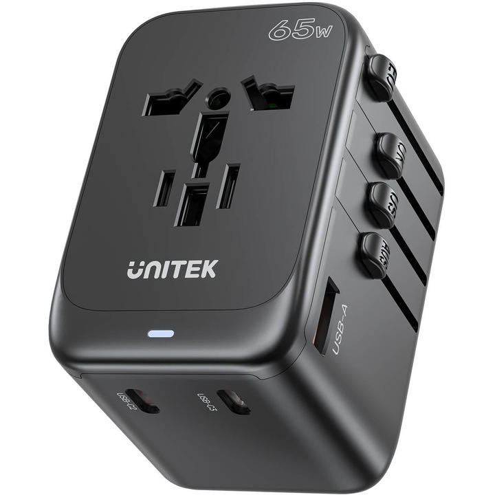 Unitek P1122ABK01 utazási töltő, EU/US/UK/AUS adapter, PD 65W