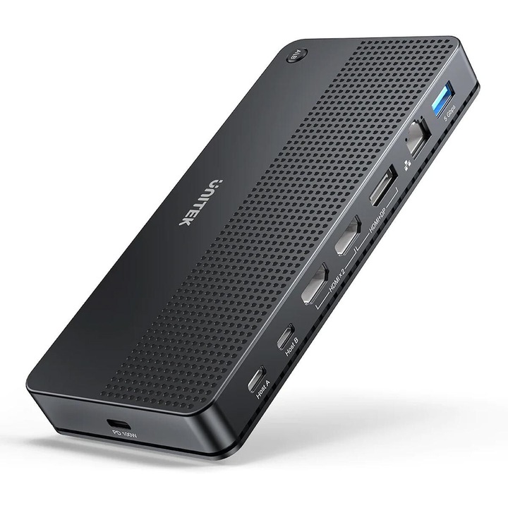 KVM kapcsoló, Unitek, D1103A01, 101x210x39 mm, Displayport csatlakozás 4K, 60Hz, Két HDMI csatlakozás 4K, 60Hz, Ethernet csatlakozás RJ-45 akár 1000 Mbps-ig, Két USB-C csatlakozás akár 5 Gbps és 10 Gbps-ig, Fekete