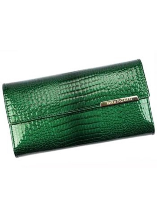Portofel dama Gregorio GF109, piele naturala lacuita, textura piele de sarpe, verde