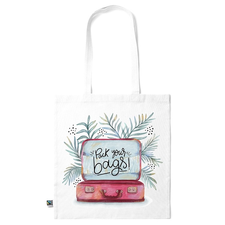Go For It Shopper fazonú pamut táska mintával, Pack Your Bags, 38×42cm, Fehér, WH-KI34