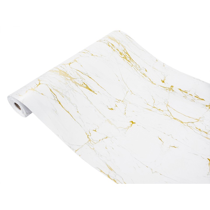 Folie autoadeziva pentru fronturi de bucatarie, 67.5 x 240 cm, DecoMeister®, Model Marmura Alba Si Aurie, P002-067-0240S
