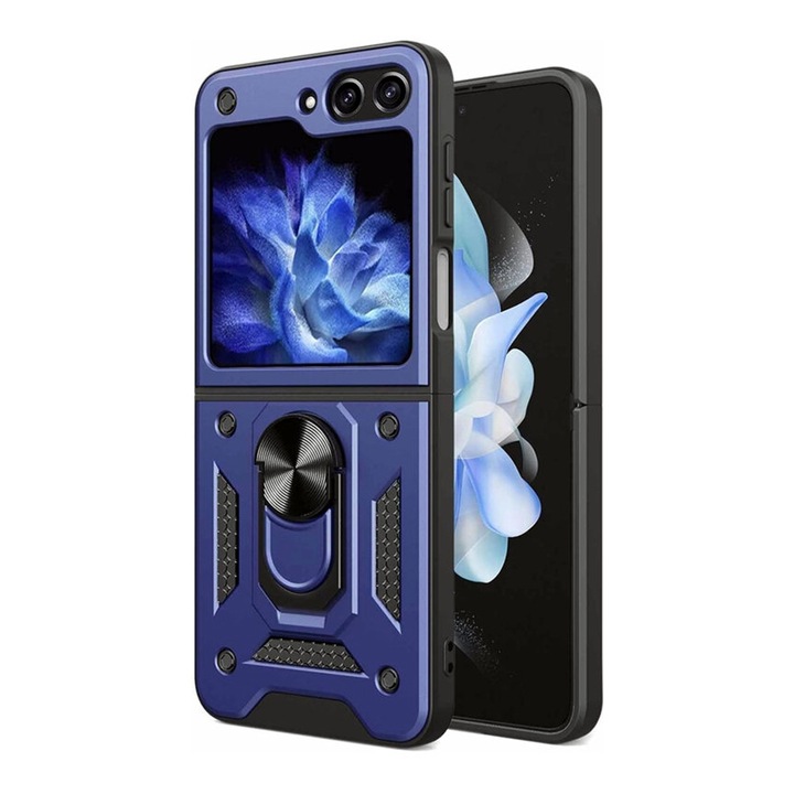 Optim Solution, Калъф Shutter Back Armor Ring Case за Samsung Galaxy Z Flip6 / Flip 6, иновация и защита, магнитна функция, първокласна защита на ядрото, поддръжка на 360° въртящ се пръстен, защита срещу пръстови отпечатъци, син