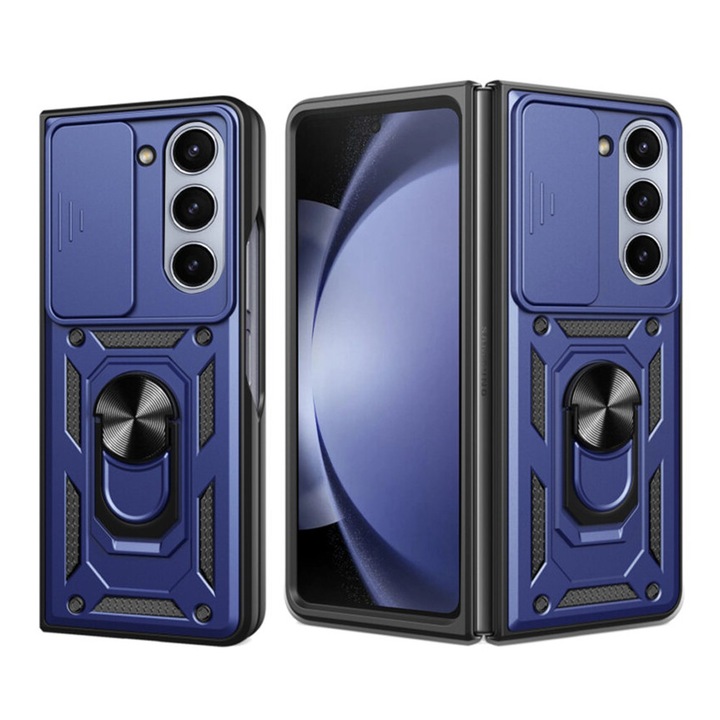 Husa Shutter Spate Armor Ring Lens Cover pentru Samsung Galaxy Z Fold6 / Fold 6, OPTIM SOLUTION, Slide Mechanism, Functie Magnetica, Camshield Suportul Inel Rotativ 360°, Anti-amprente, Albastru