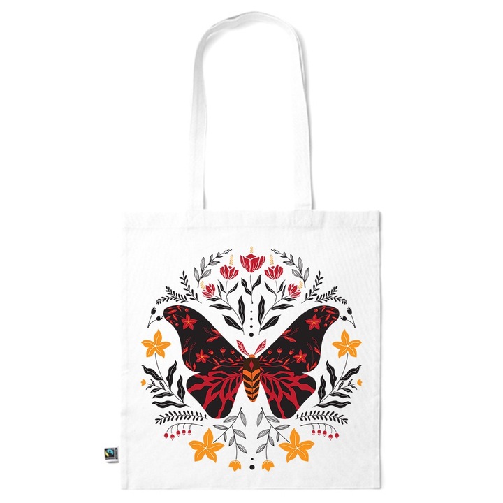 Go For It Shopper fazonú pamut táska mintával, Butterfly with flowers, 38×42cm, Fehér, WH-KI143
