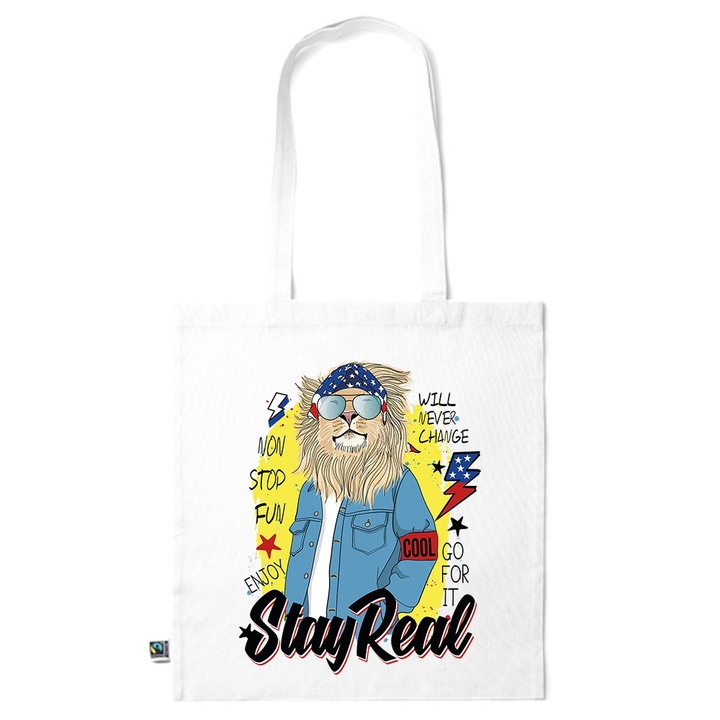 Intelli® Sacosa памучна Eco-friendly пазарска чанта с дълги дръжки, Stay Real, 38×42см, Бяла, WH-KI169