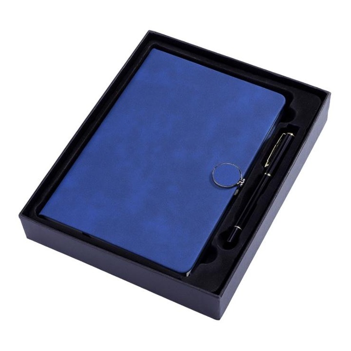 A5-ös jegyzetfüzet szintetikus bőr borítással, mágneses, rugalmas gyűrű, kék, 22x15x3,4 cm