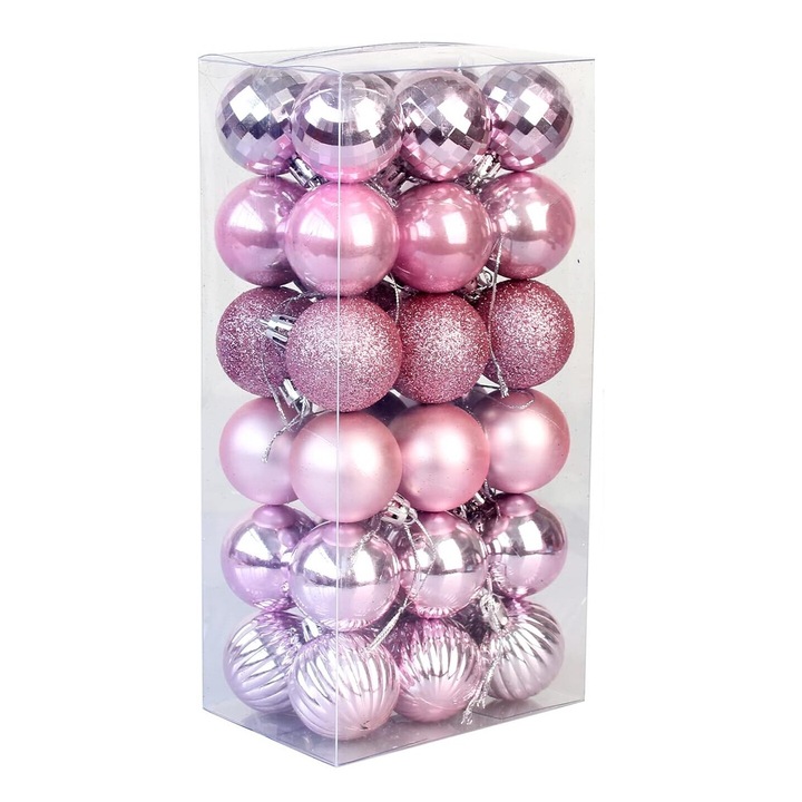 Set 36 Globuri de Craciun, rezistente la spargere, roz, 40mm