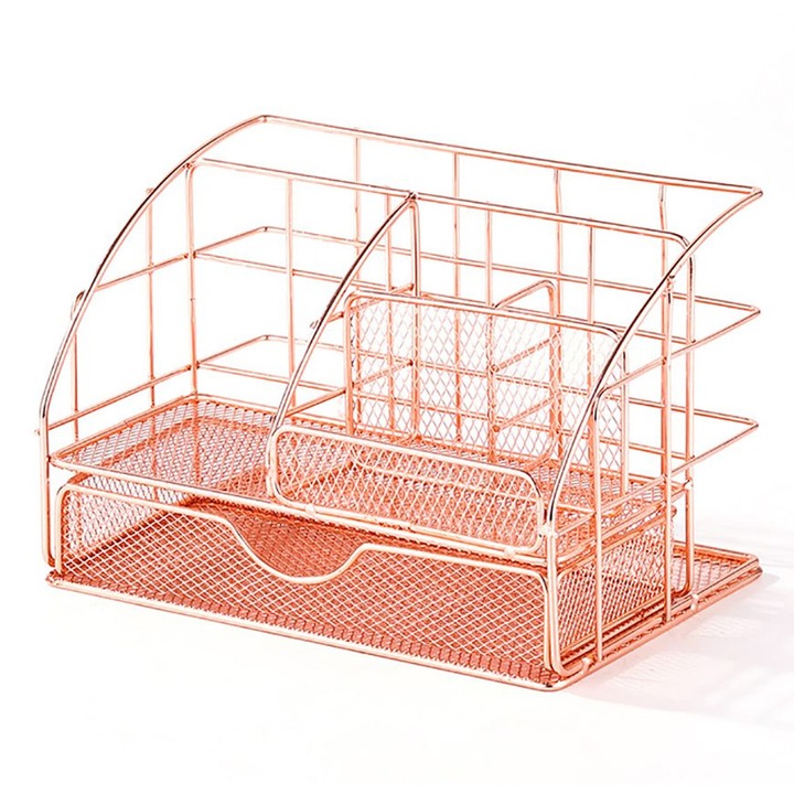 Organizator de birou, 5 compartimente si sertar glisant, auriu, design modern