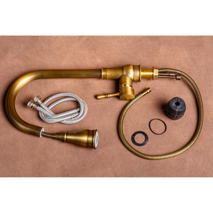 Baterie bucatarie, para dus extractabila, perlator doua functii, bronz antichizat