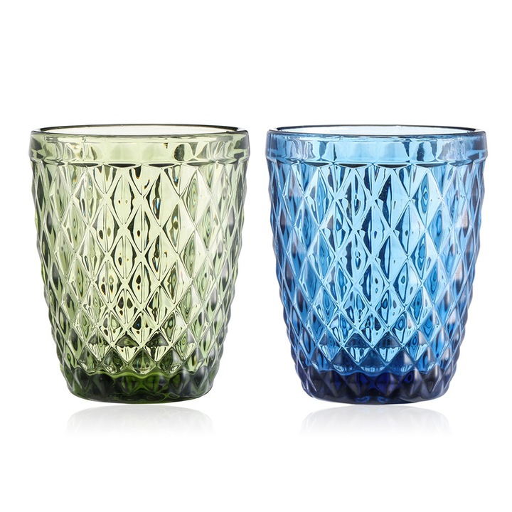 2 darabos üveg pohár szett, gyémánt mintával, 220ml és 300ml űrtartalommal, többszínű