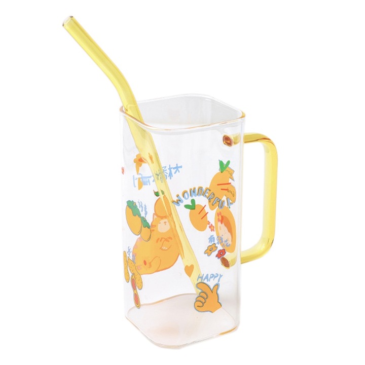 Fogantyús pohár, Jormftte, üveg, négyzet alakú design, átlátszó/sárga, szívószállal