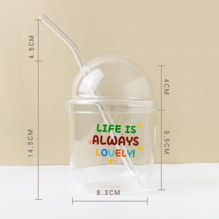 Pohár üveg, tetővel és szívószállal, Jormftte, 430 ml, 13.5x8.3 cm, hőálló, hideg és meleg italokhoz