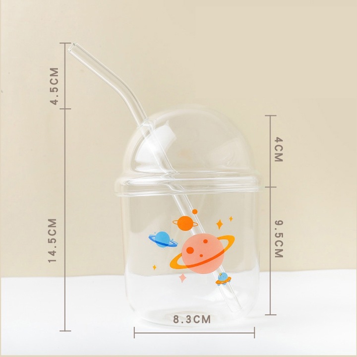 Pohár, üveg, tetővel és szívószállal, Jormftte, 430 ml, 13.5x8.3 cm, átlátszó, hőálló