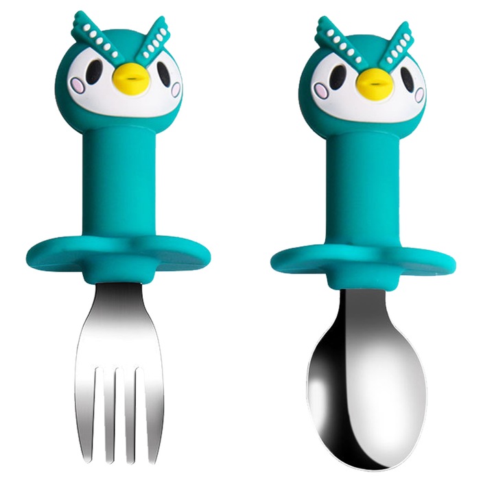 Jormftte etetőkészlet babáknak, rozsdamentes acél kanál és villa, dinoszaurusz design, szilikon, könnyen tisztítható