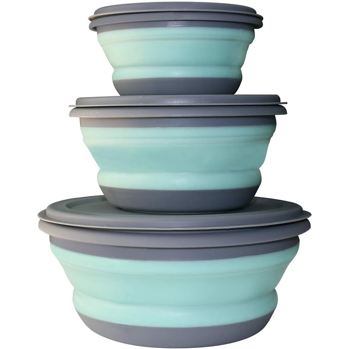 Set 3 Cutii Alimentare Pliabile din Silicon, Rezistente la Temperaturi Inalte, Albastru/Gri