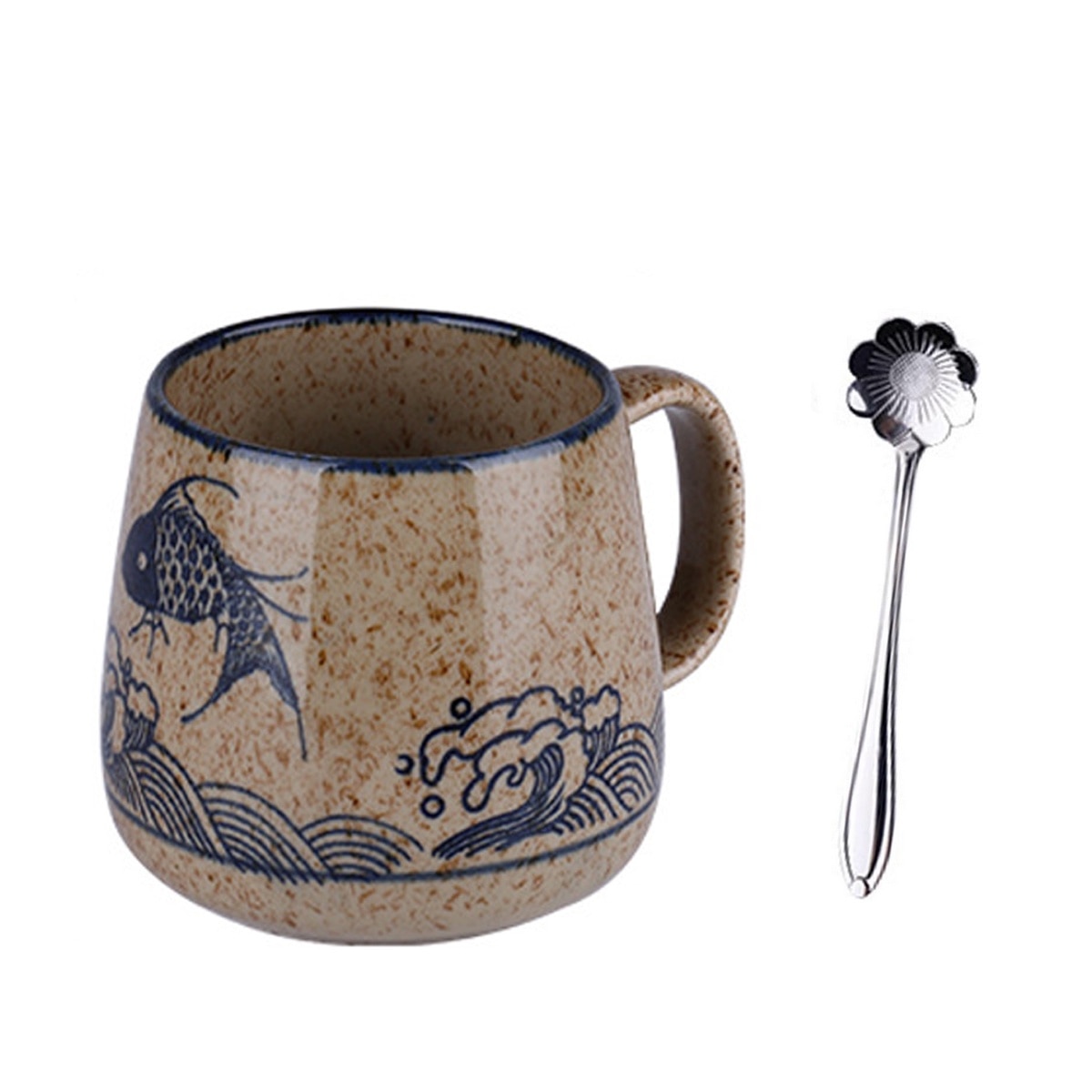 Cana ceramica retro japoneza cu capac si lingurita, 400ml